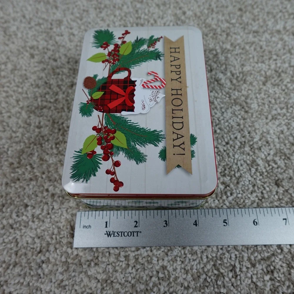 Greenbrier Happy Holiday Buffalo Plaid Cocoa Mug Christmas Metal Gift Tin Box